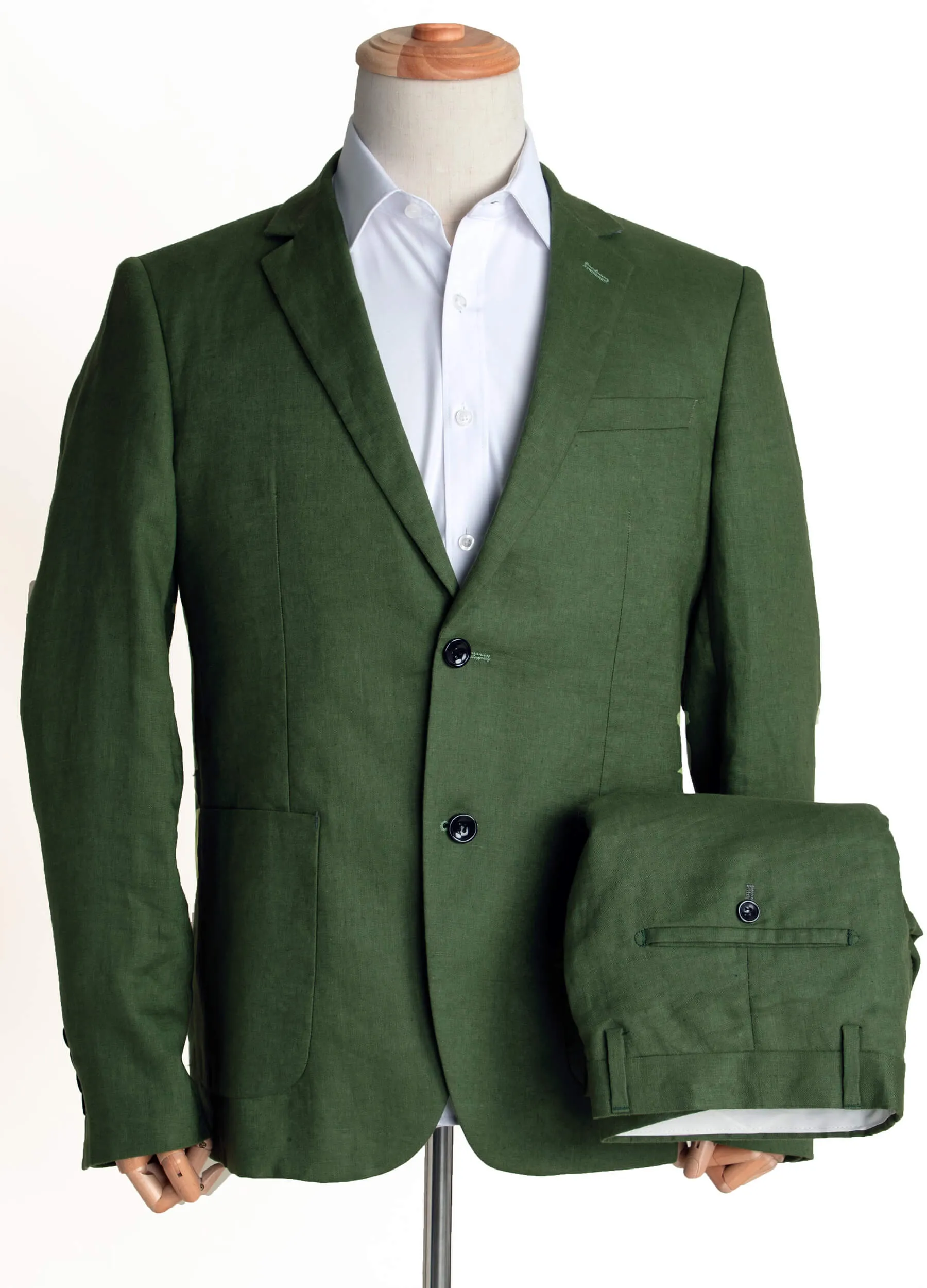 1PA1 Men's 100% Linen Green Jacket Trousers 2-Pieces Suit Set