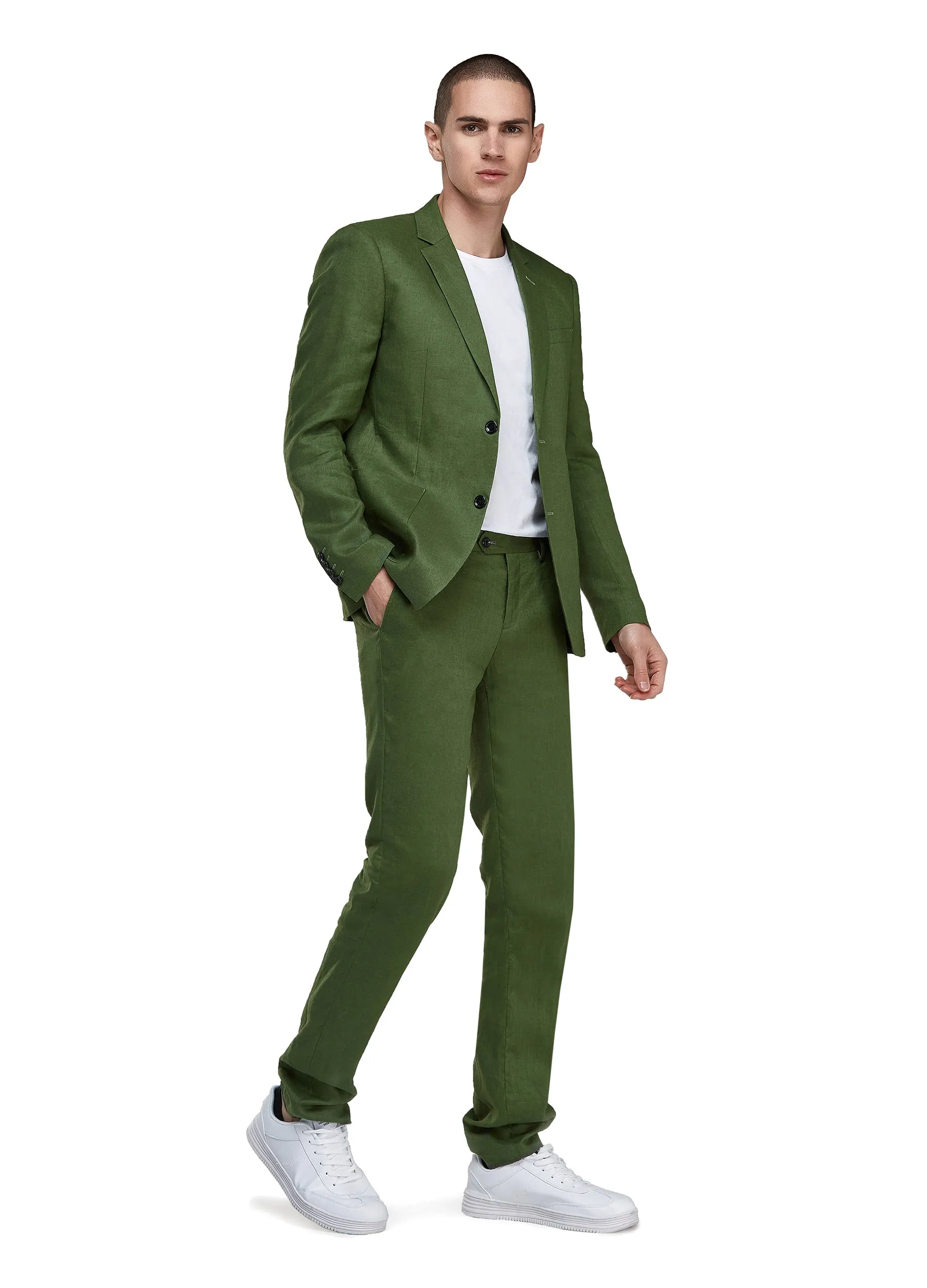 1PA1 Men's 100% Linen Green Jacket Trousers 2-Pieces Suit Set