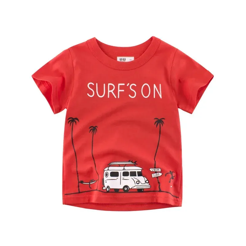 2-10Years Cartoon Car Print Boys Girls T Shirt Summer Children Kids Clothes Shorts Sleeve O-Neck Cotton Tops Tees Dropshipping