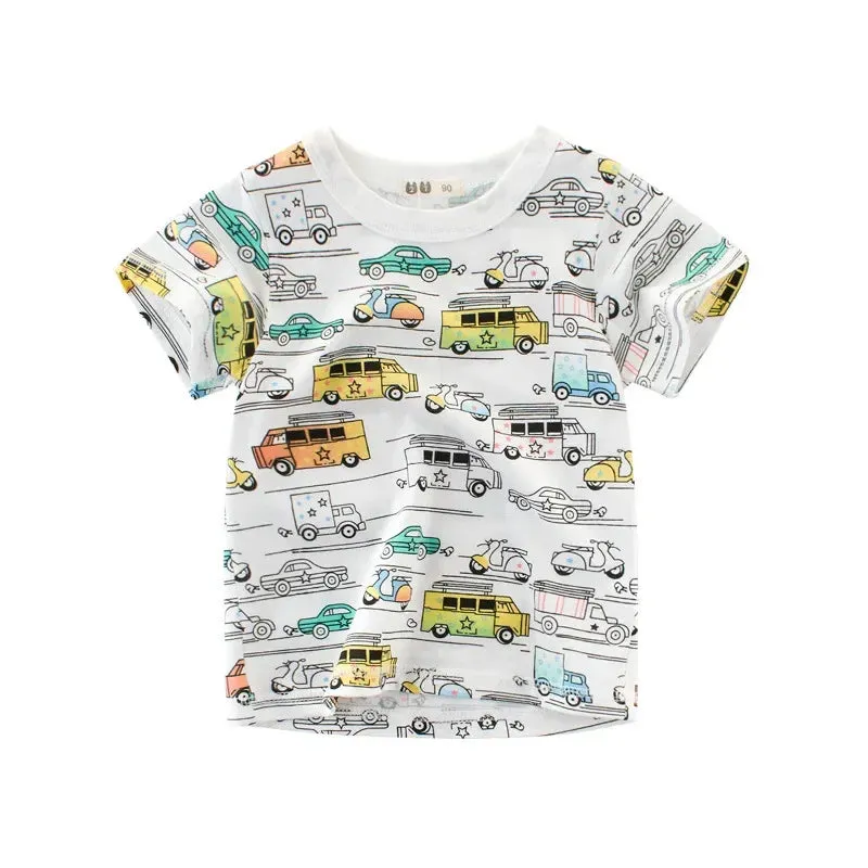 2-10Years Cartoon Car Print Boys Girls T Shirt Summer Children Kids Clothes Shorts Sleeve O-Neck Cotton Tops Tees Dropshipping