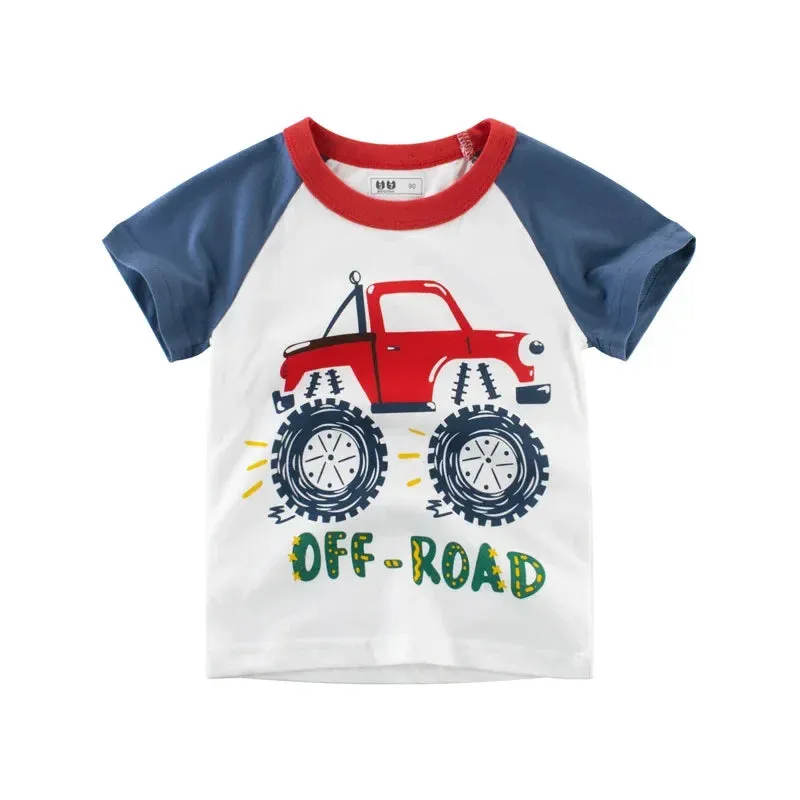 2-10Years Cartoon Car Print Boys Girls T Shirt Summer Children Kids Clothes Shorts Sleeve O-Neck Cotton Tops Tees Dropshipping