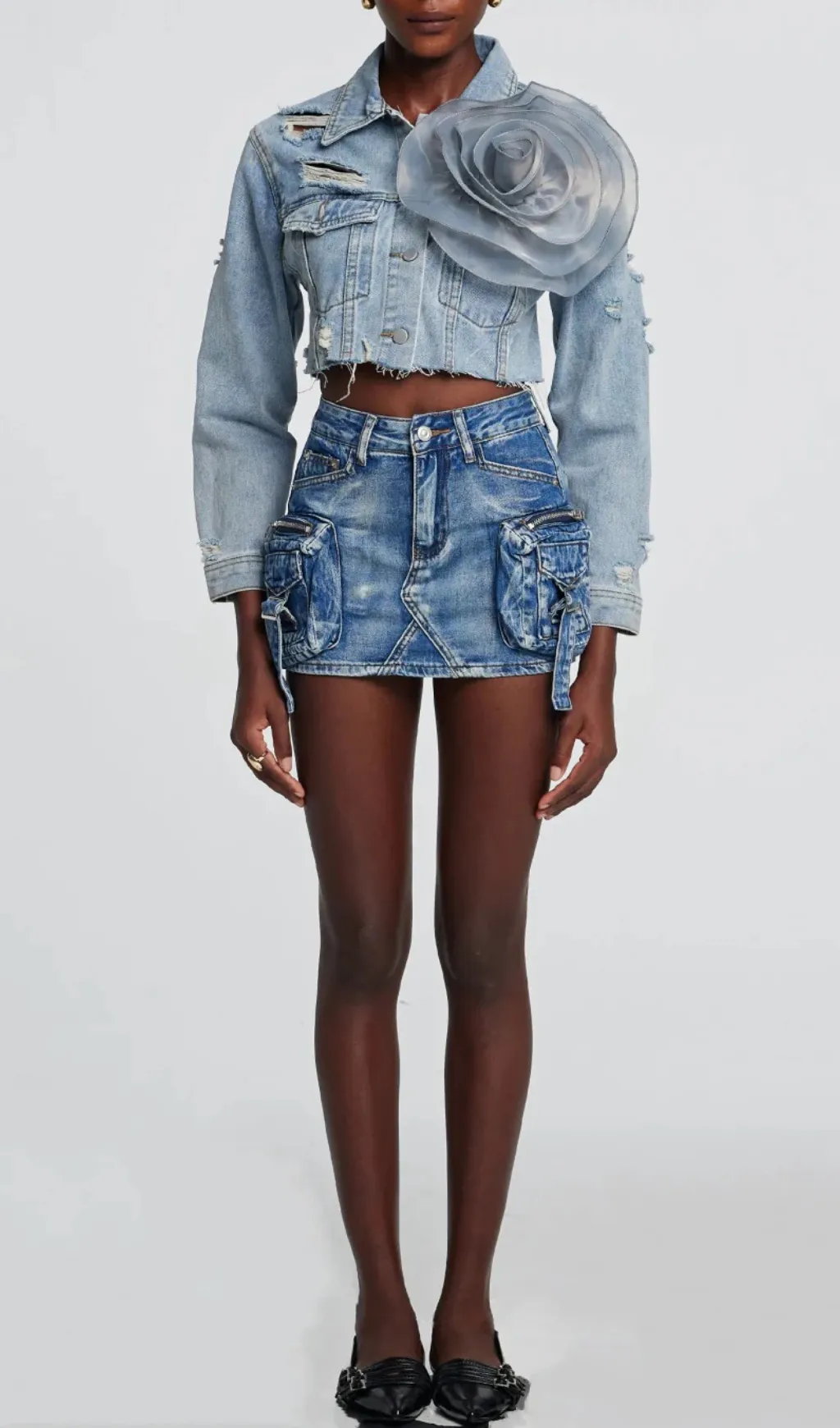 Alaiao Torn Flower Denim Jacket in Blue