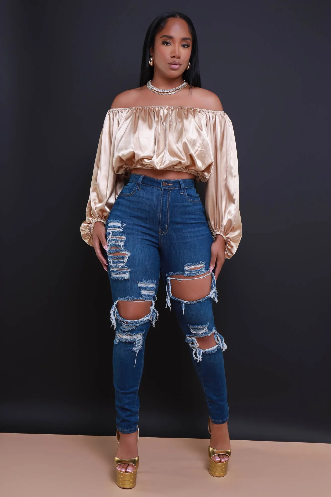 All For You Off The Shoulder Crop Top - Champagne