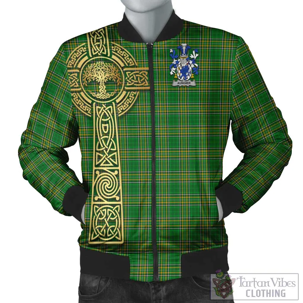 Aungier Irish Clan Tartan Bomber Jacket with Coat of Arms Celtic Tree of Life Style