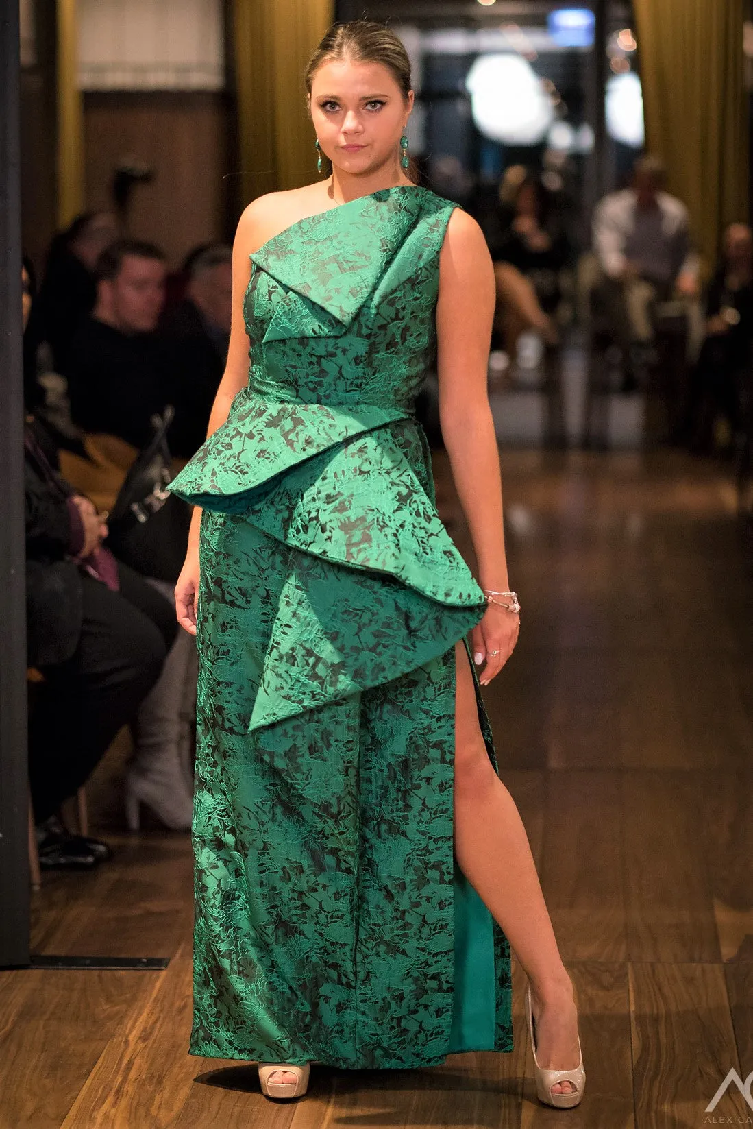 AUTUMNA Sheath Emerald Jacquard Haute Couture Evening Gown