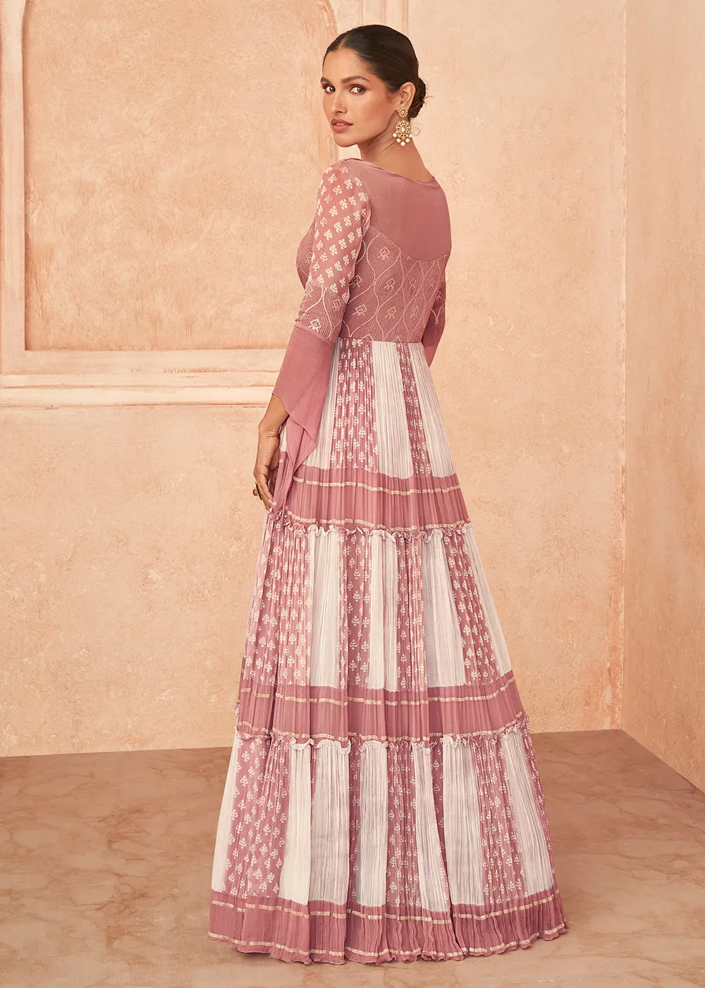 Beatific Pink & White Georgette Embroidered Wedding Wear Gown