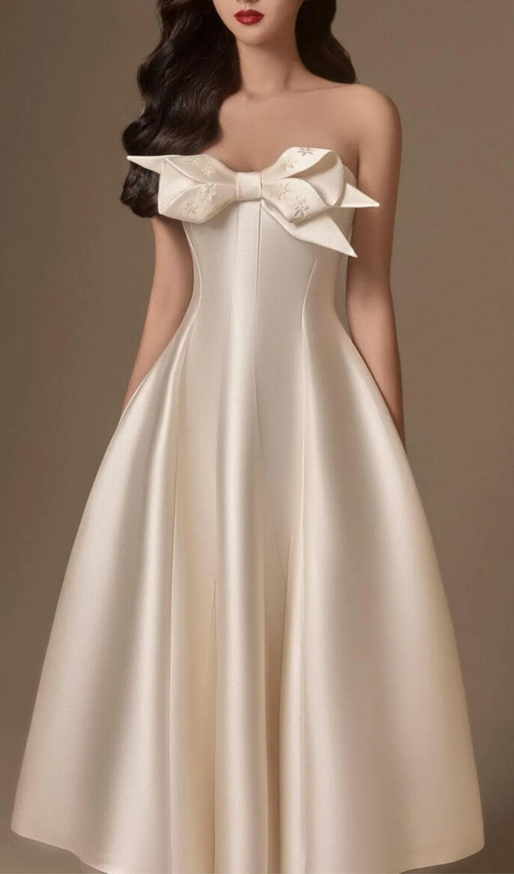 BEIGE FLARED SEMI-HEART NECK TAFFETA MIDI DRESS