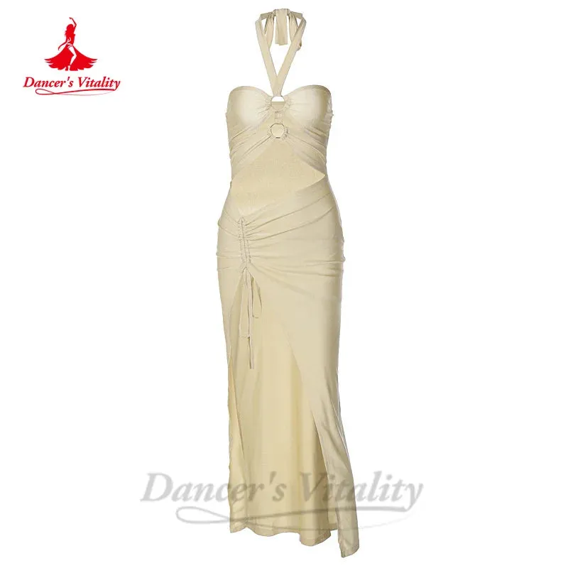 Belly Dance Costume Dress for Women Chest Hanging Neck Tie Up Circular Ring Connection Hollow Open Split Dresses