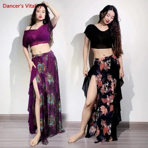 Belly Dance Practice Clothes for Women Belly Dance Suit Mesh Short Sleeves Top printing Long Skirt Female Oriental Dance Outfit