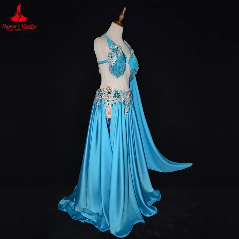 Belly Danceer Competition Costumes Suit Senior AB Stones Tassel Bra split Long Skirt 2pcs for Women Customsized Belly Dance Wear