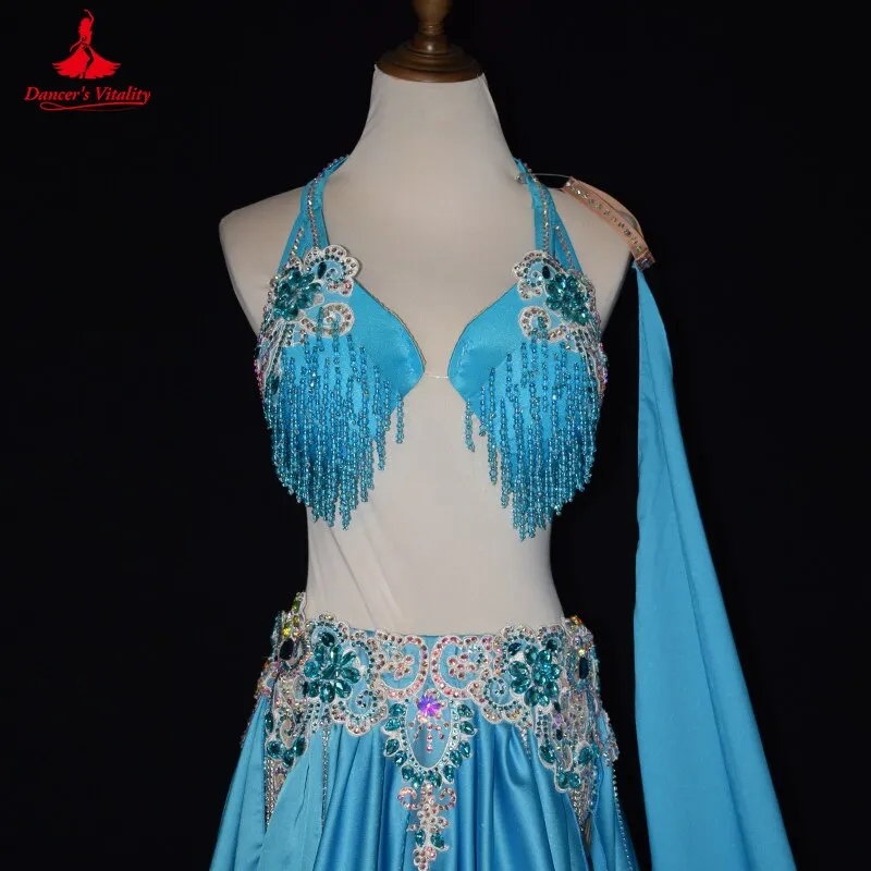 Belly Danceer Competition Costumes Suit Senior AB Stones Tassel Bra split Long Skirt 2pcs for Women Customsized Belly Dance Wear