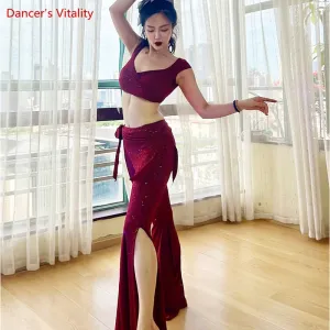 BellyBelly Dance Practice Clothes Set for Women Belly Dancing Short Sleeves Top split Trousers 2pcs Female Oriental Dance Outfit