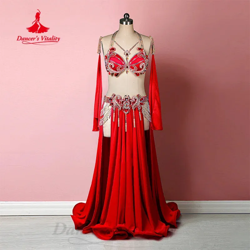 BellyDance Performance Costume Women Customization Luxury Diamond Bra Sexy Split Chiffon Long Skirt 2pcs Oriental Dance Outfit