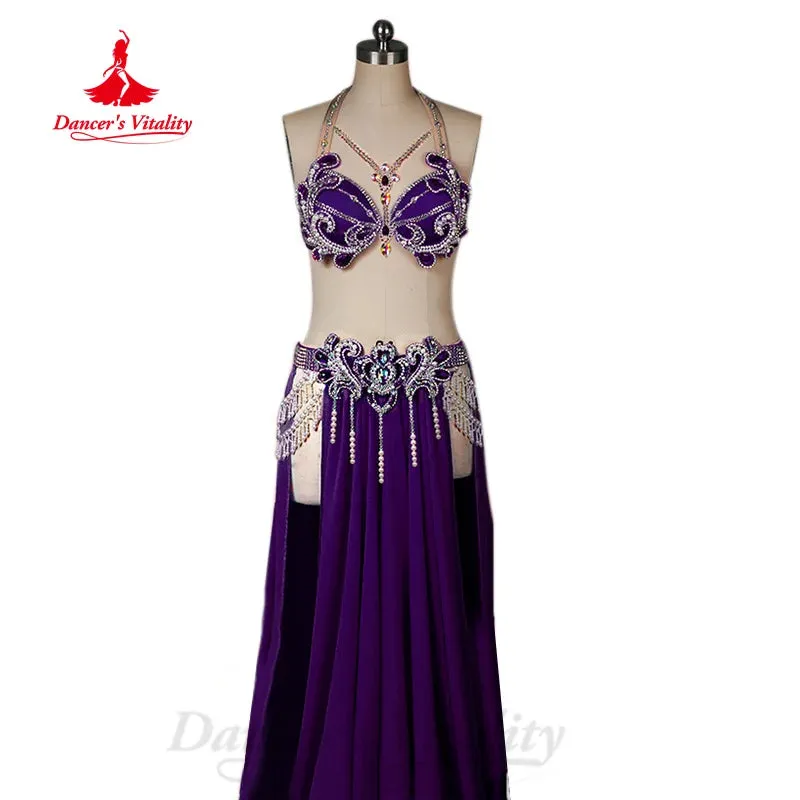 BellyDance Performance Costume Women Customization Luxury Diamond Bra Sexy Split Chiffon Long Skirt 2pcs Oriental Dance Outfit