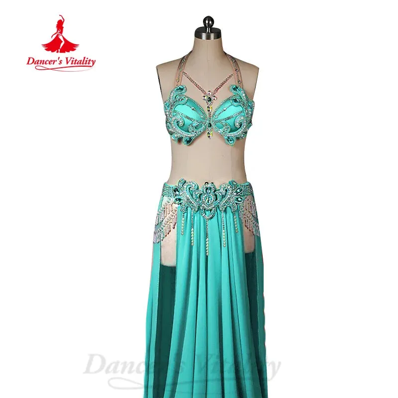 BellyDance Performance Costume Women Customization Luxury Diamond Bra Sexy Split Chiffon Long Skirt 2pcs Oriental Dance Outfit