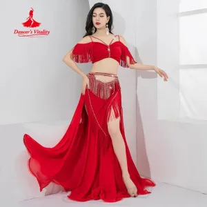 Bellydance Practice Clothes Customized V-neck Sleeveless Top AB Stones Tassel Long Skirt 2pcs Belly Dance Performance Costumes