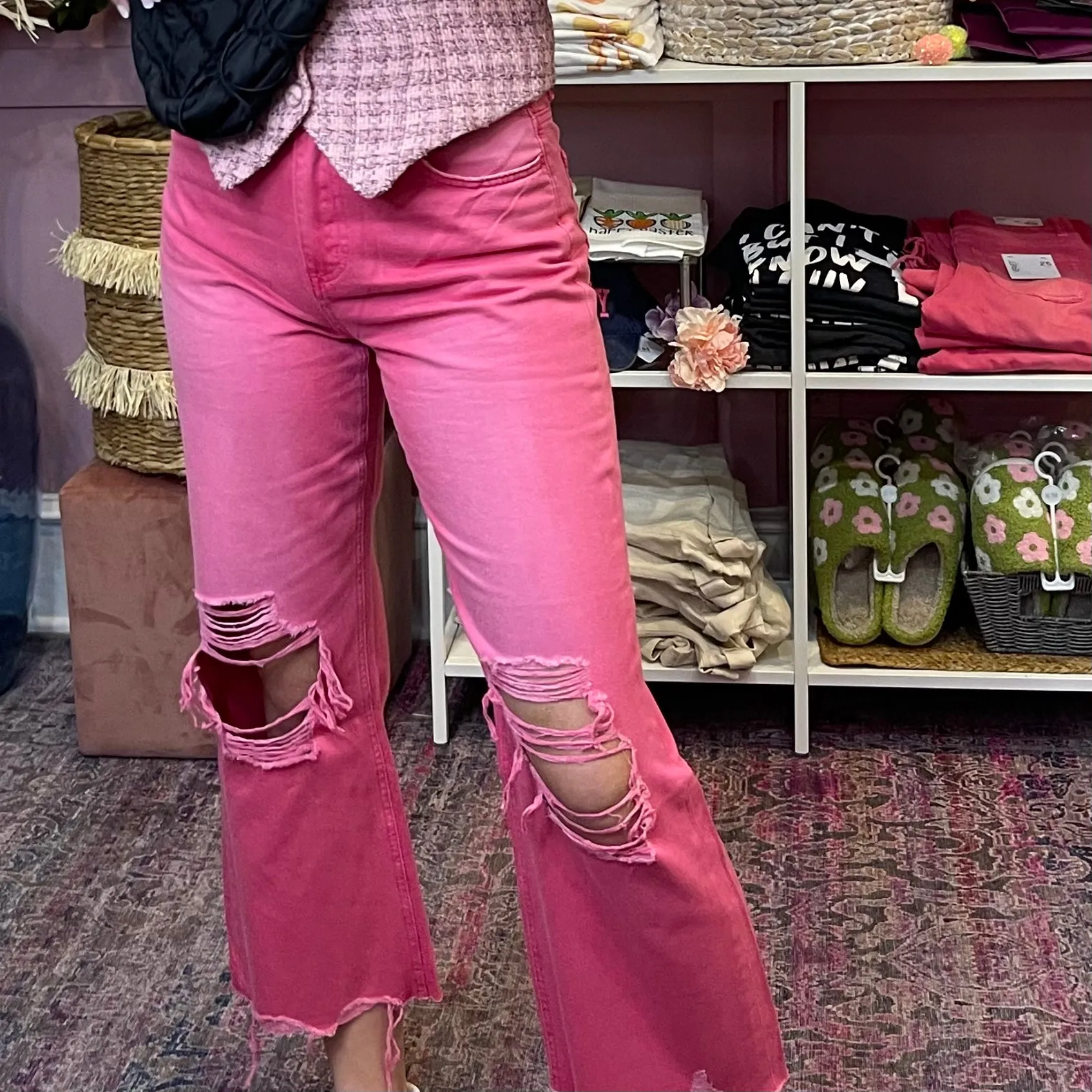 Billie 90's Distressed Vintage Crop Jeans in Hot Pink