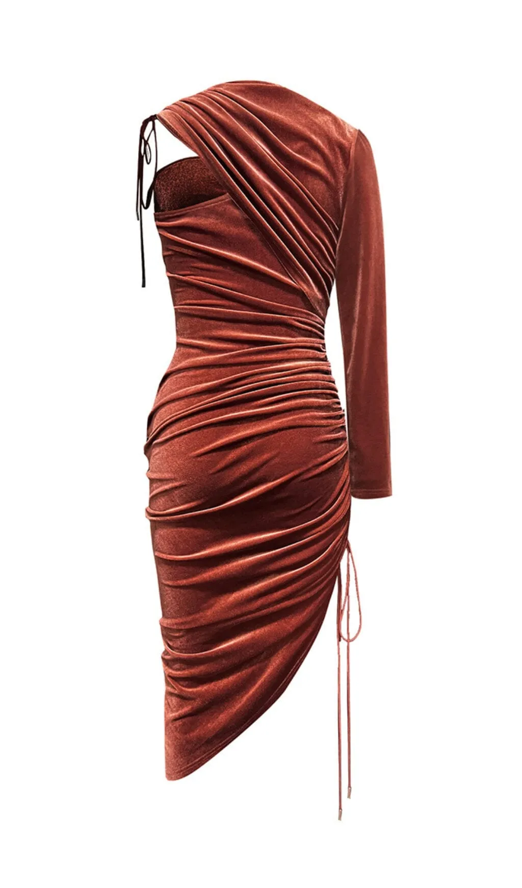 BROWN VELVET DRAWSTRING HIP WRAP MIDI DRESS