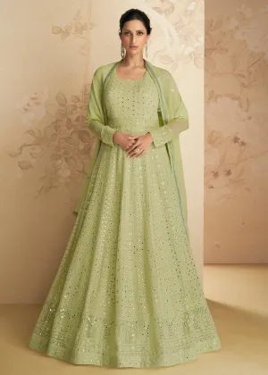 Chikankari Style Green Traditional Work Festive Anarkali Gown