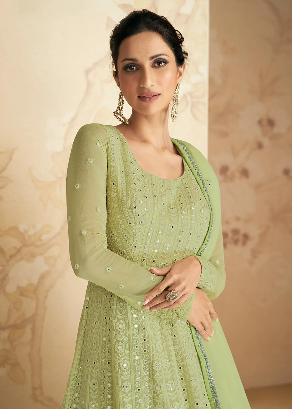 Chikankari Style Green Traditional Work Festive Anarkali Gown