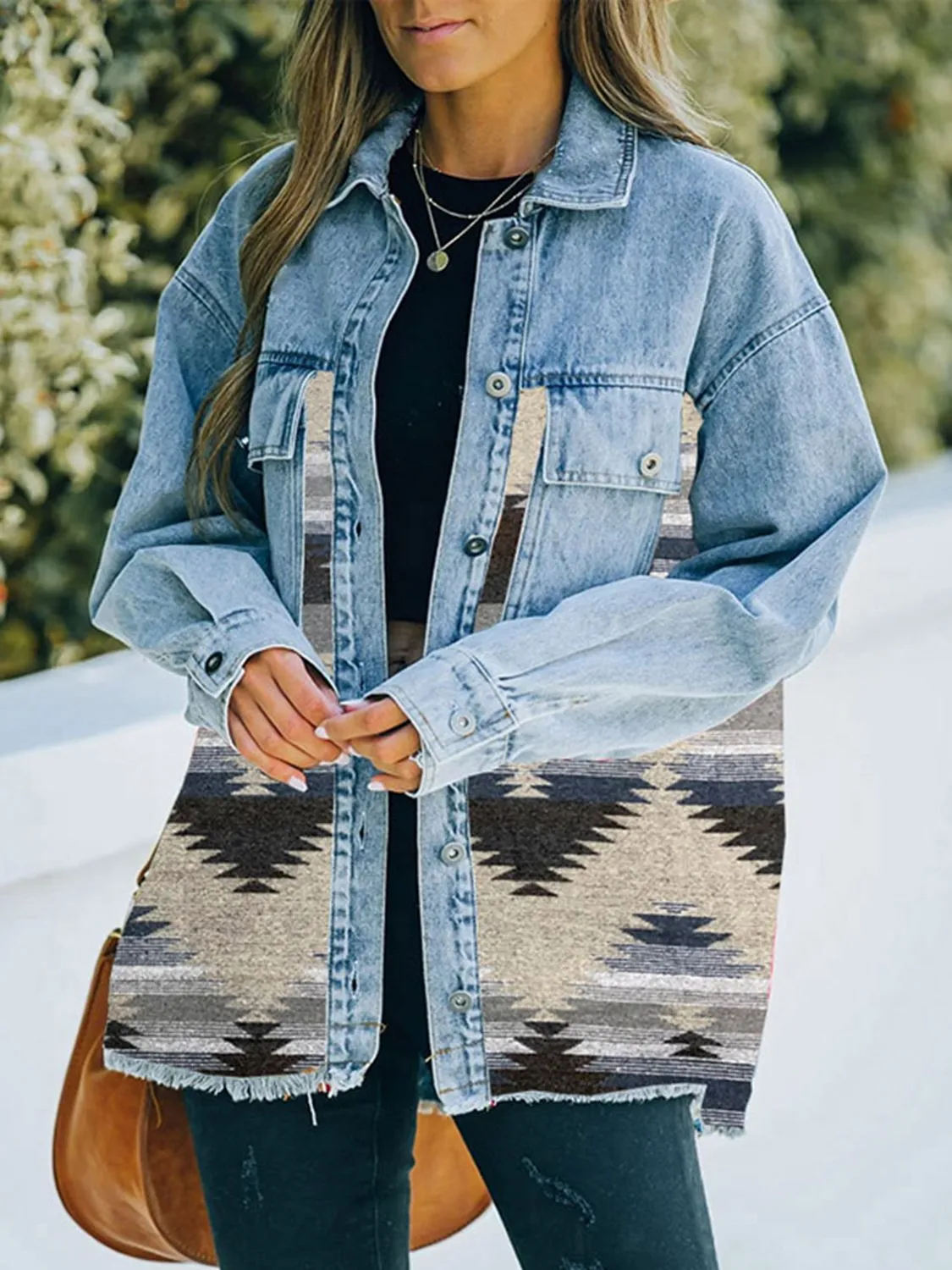 Collared Neck Dropped Shoulder Denim Jacket