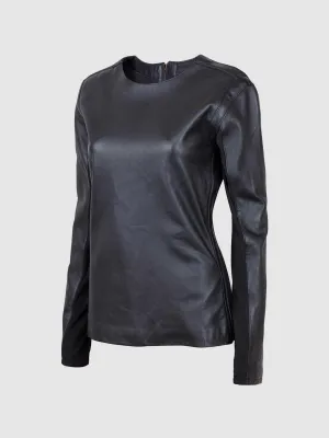 Collarless Leather Shirt Jacket in Black