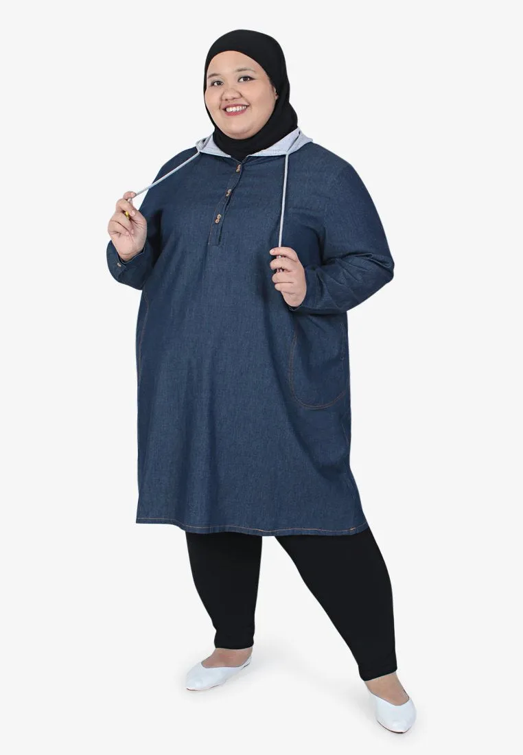 Deidre Denim Hoodie Long Top - Dark Blue