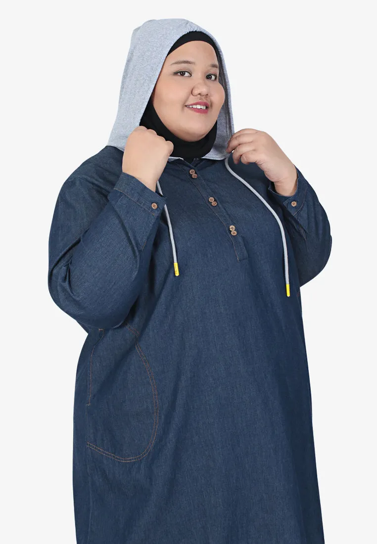 Deidre Denim Hoodie Long Top - Dark Blue