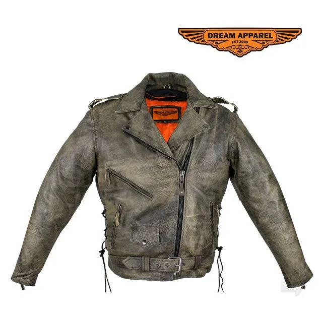 Distressed Brown Naked Cowhide Leather Motorcycle Jacket W/ Gun Pockets