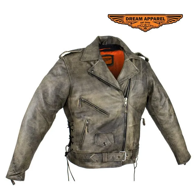 Distressed Brown Naked Cowhide Leather Motorcycle Jacket W/ Gun Pockets