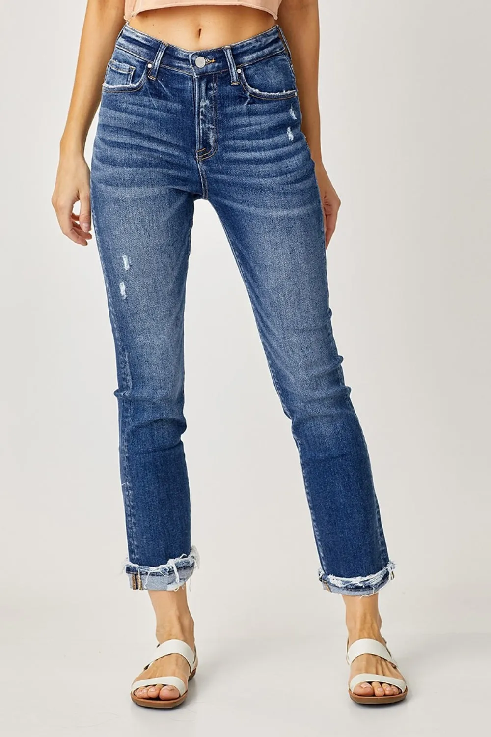 Full Size High-Rise Frayed Cuffed Straight Jeans