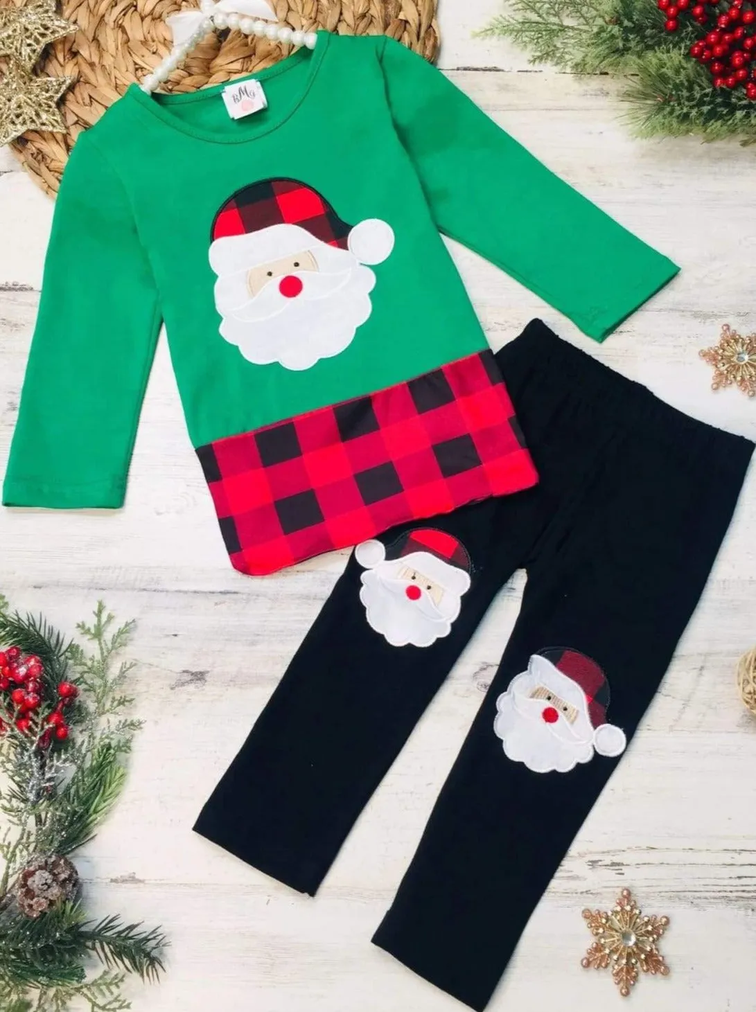 Girls Plaid Santa Patched Tunic and Legging Set