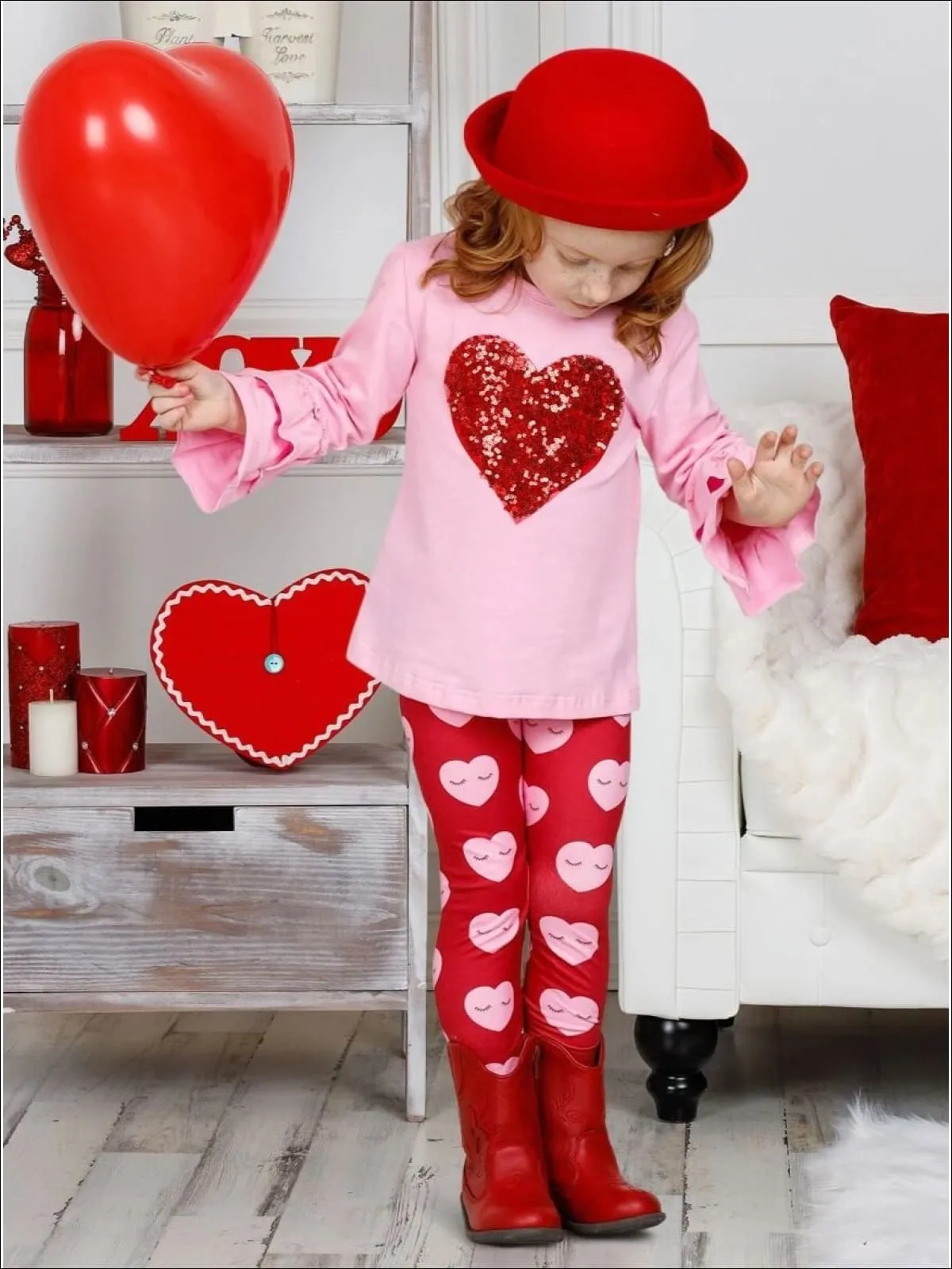 Girls Ruffled Sequin Heart Tunic and Sleepy Hearts Legging Set