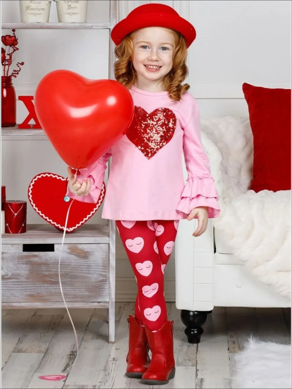 Girls Ruffled Sequin Heart Tunic and Sleepy Hearts Legging Set