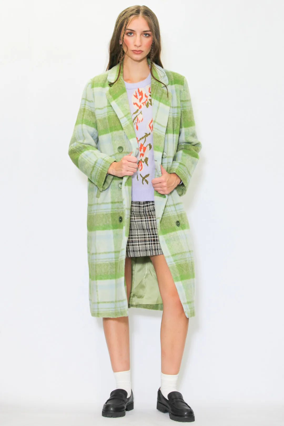 Heavy Wool Pastel Green Plaid Coat