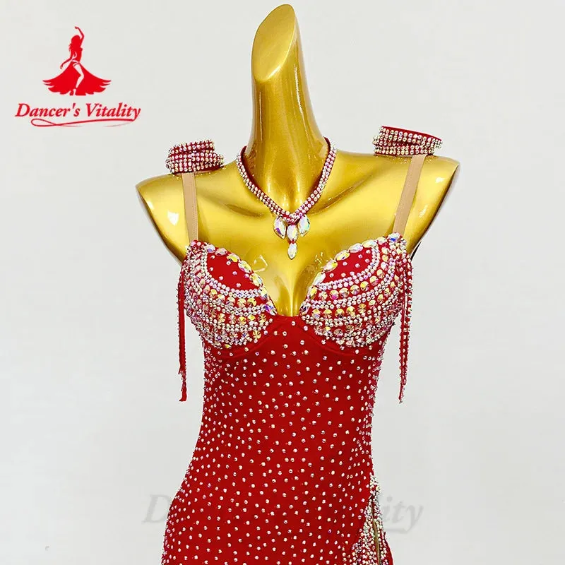 Latin Dance Clothing Luxury Rhinestone Tassel  Dress Customized Adult Children Latin Dance Professional Performance Costumes