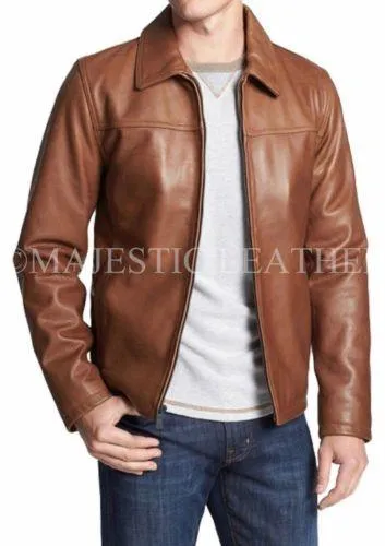 Mens Biker Motorcycle Brown Leather Jacket