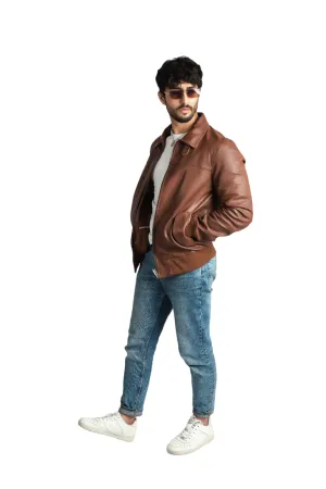 Mens Biker Style Cognac Leather Jacket Cafe Racer Fashion Jacket – ELM5