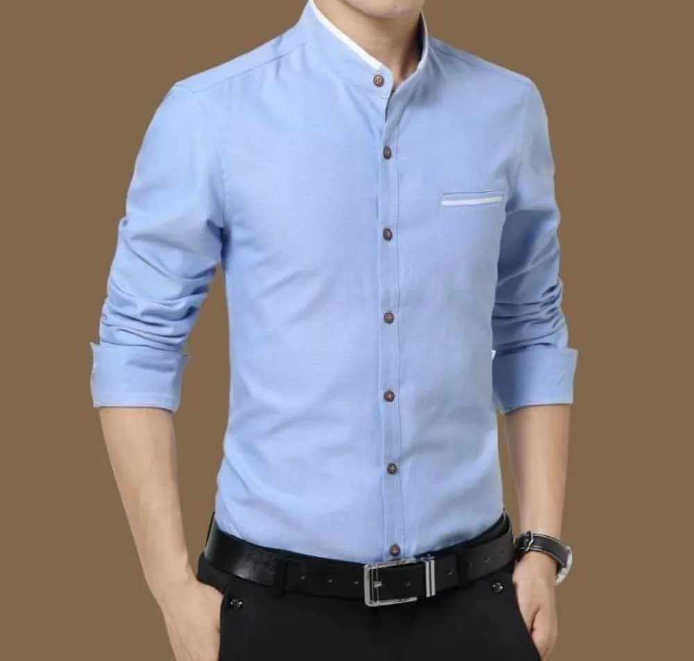 Mens Mandarin Collar Long Sleeve Button Front Shirt