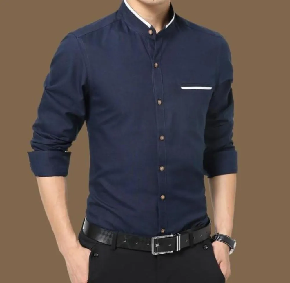 Mens Mandarin Collar Long Sleeve Button Front Shirt