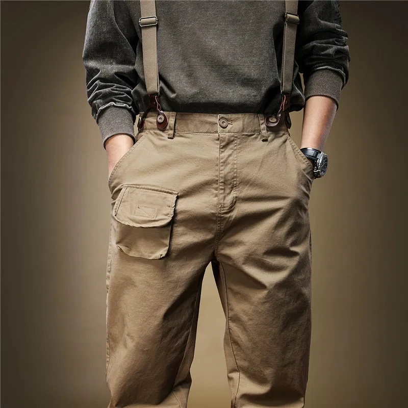 Men's Vintage Cargo Pants Slim Fit Bib Overalls with Adjustable Straps