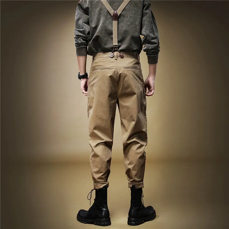 Men's Vintage Cargo Pants Slim Fit Bib Overalls with Adjustable Straps