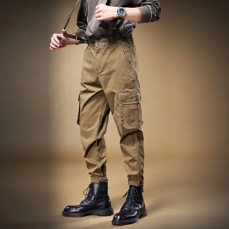 Men's Vintage Cargo Pants Slim Fit Bib Overalls with Adjustable Straps