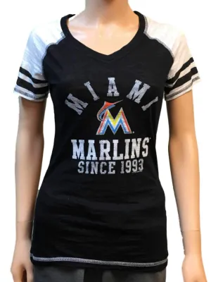 Miami Marlins SAAG Women Black Light Baseball Tri-Blend V-Neck T-Shirt