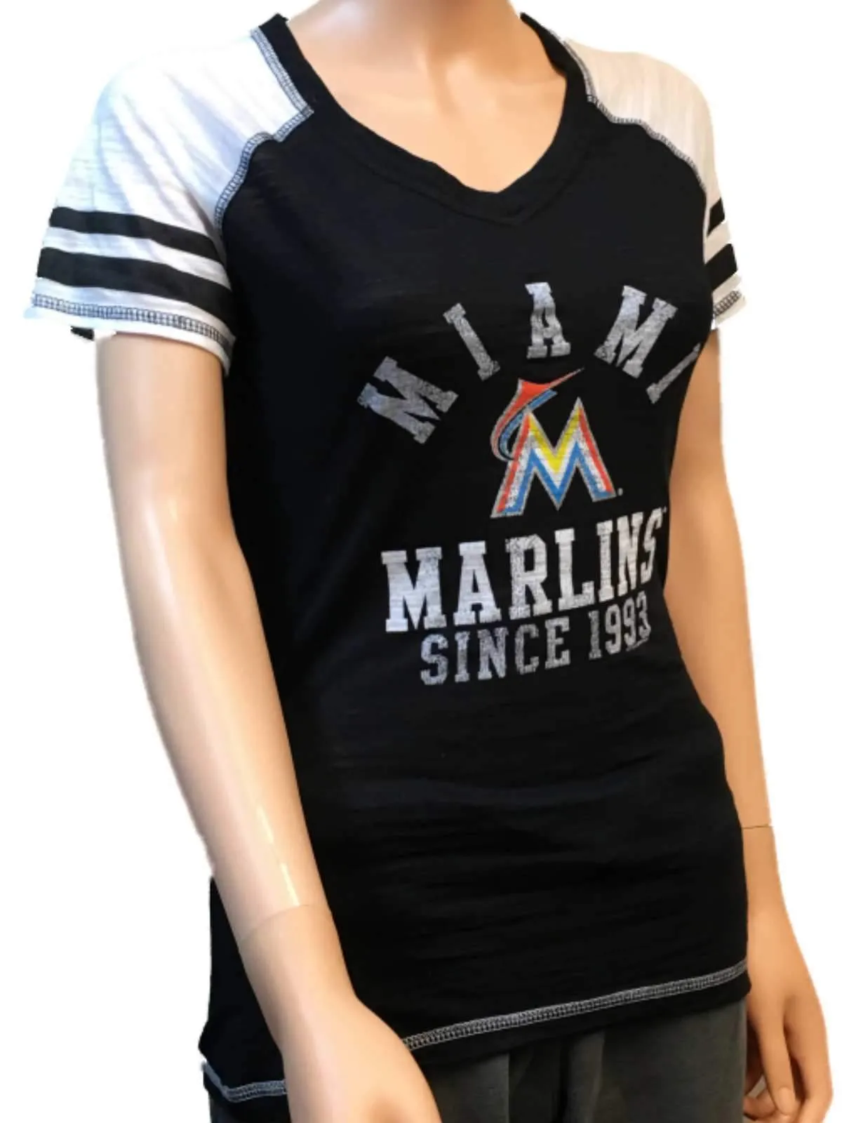 Miami Marlins SAAG Women Black Light Baseball Tri-Blend V-Neck T-Shirt