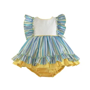 Miranda - Blue, White & Yellow Stripe Dress & Knickers Age 3m