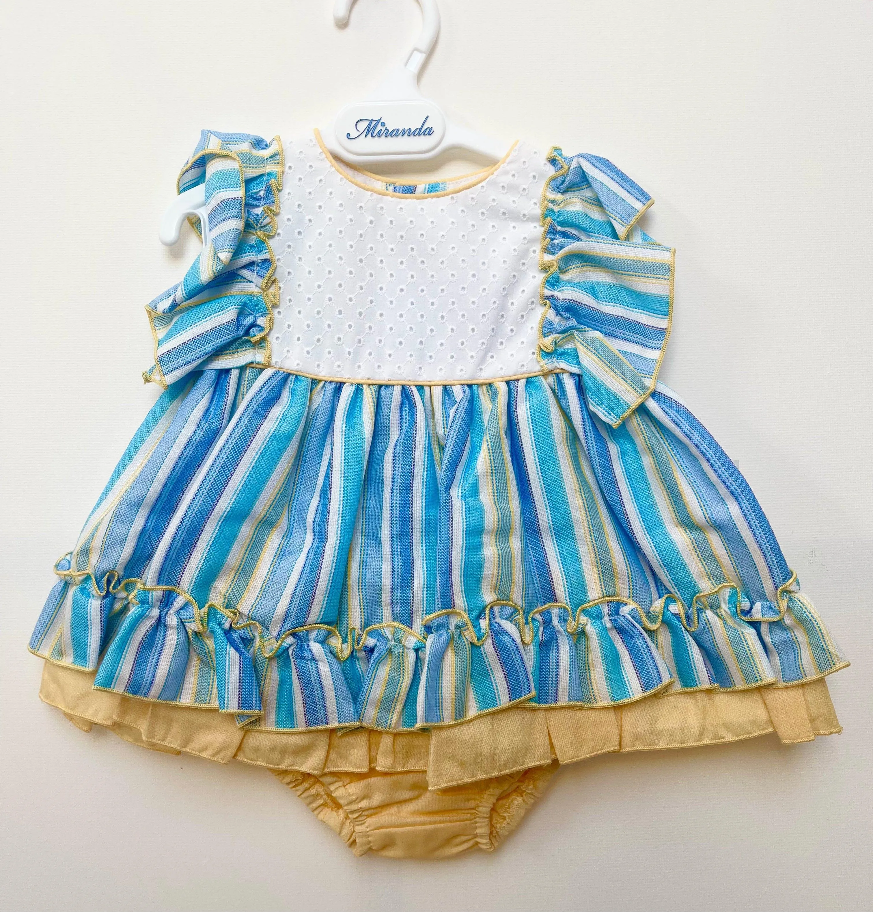 Miranda - Blue, White & Yellow Stripe Dress & Knickers Age 3m