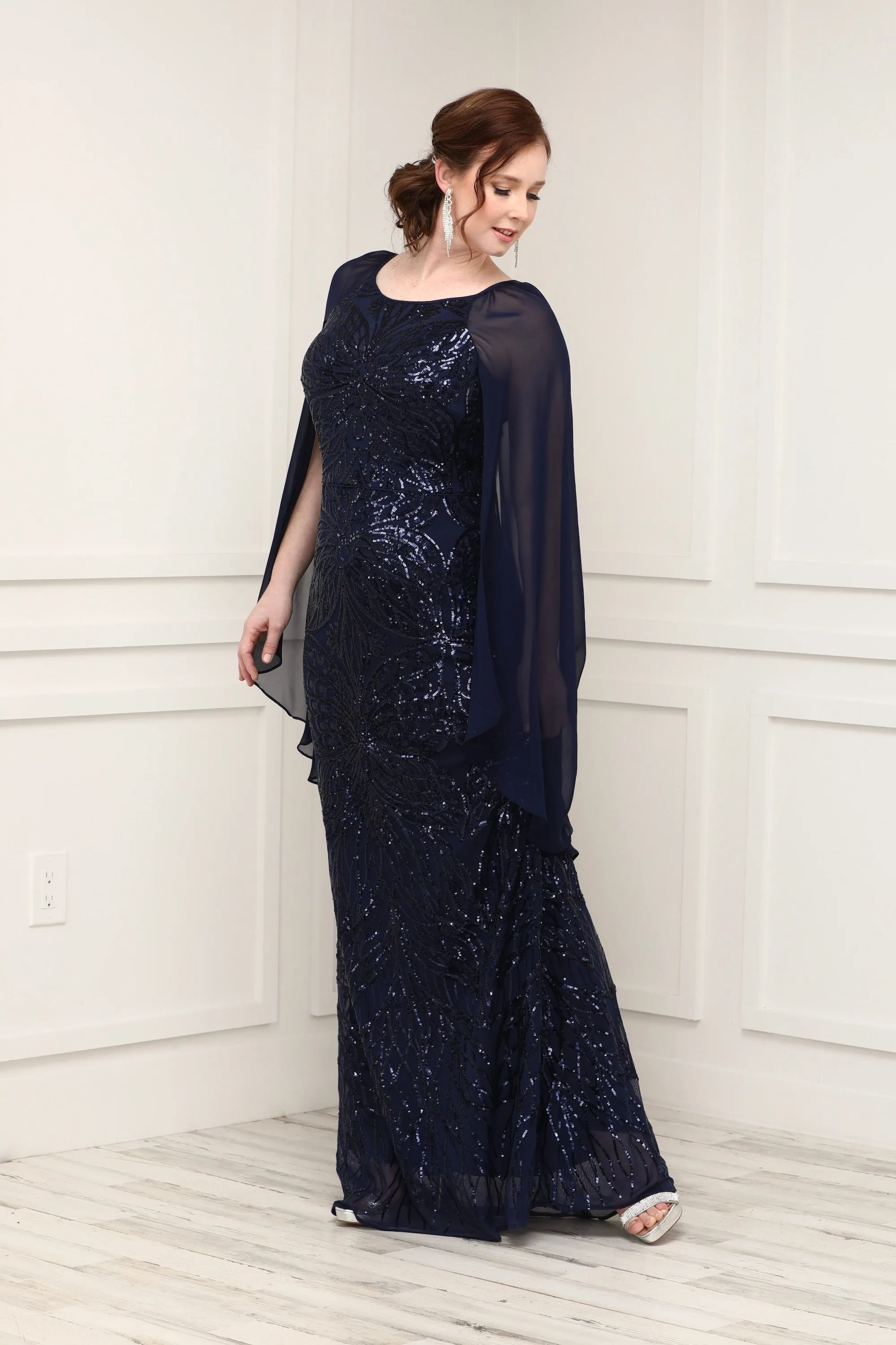 Navy Beaded Sequin Lace Cape Sleeve Evening Gown - Formal Gown