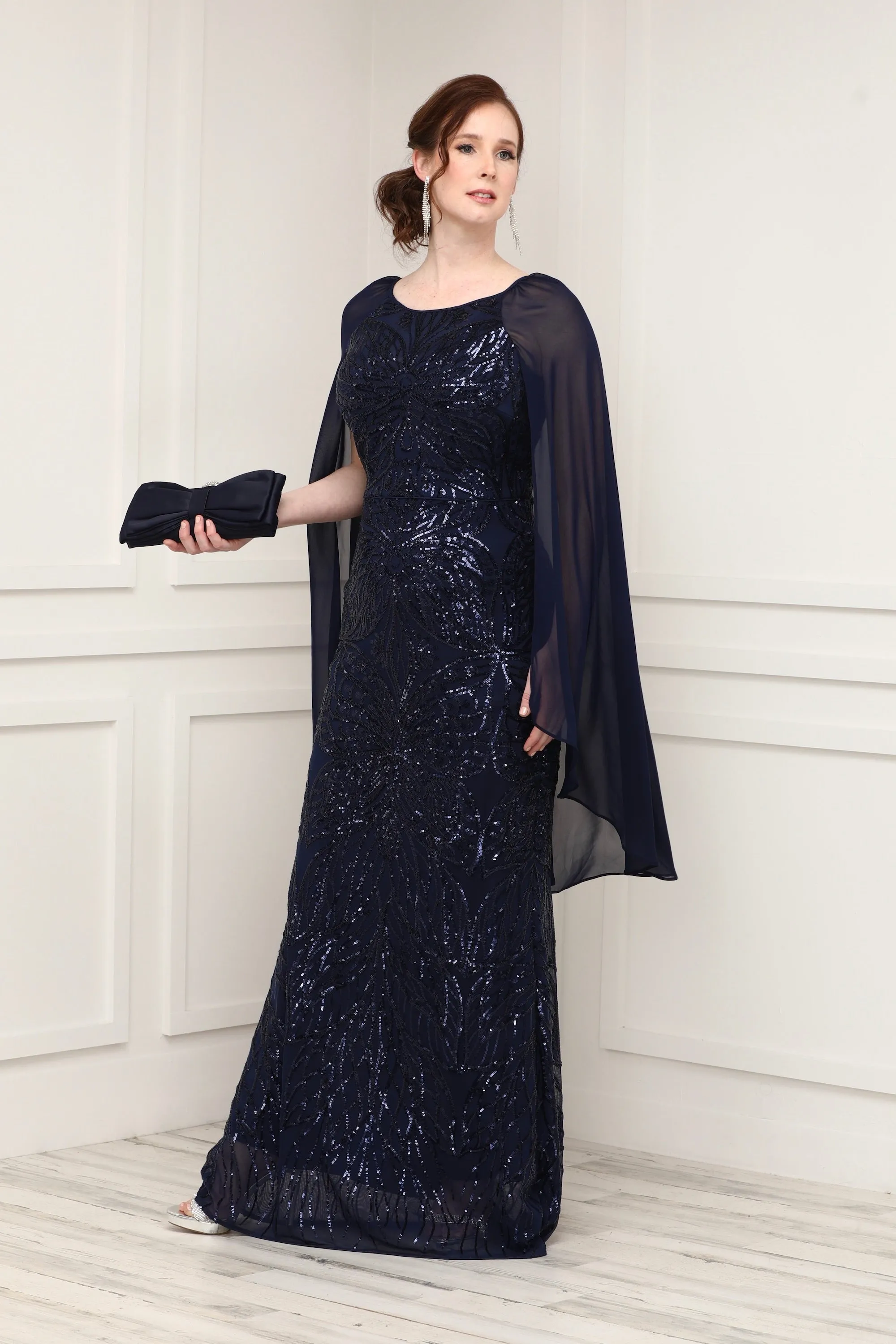 Navy Beaded Sequin Lace Cape Sleeve Evening Gown - Formal Gown