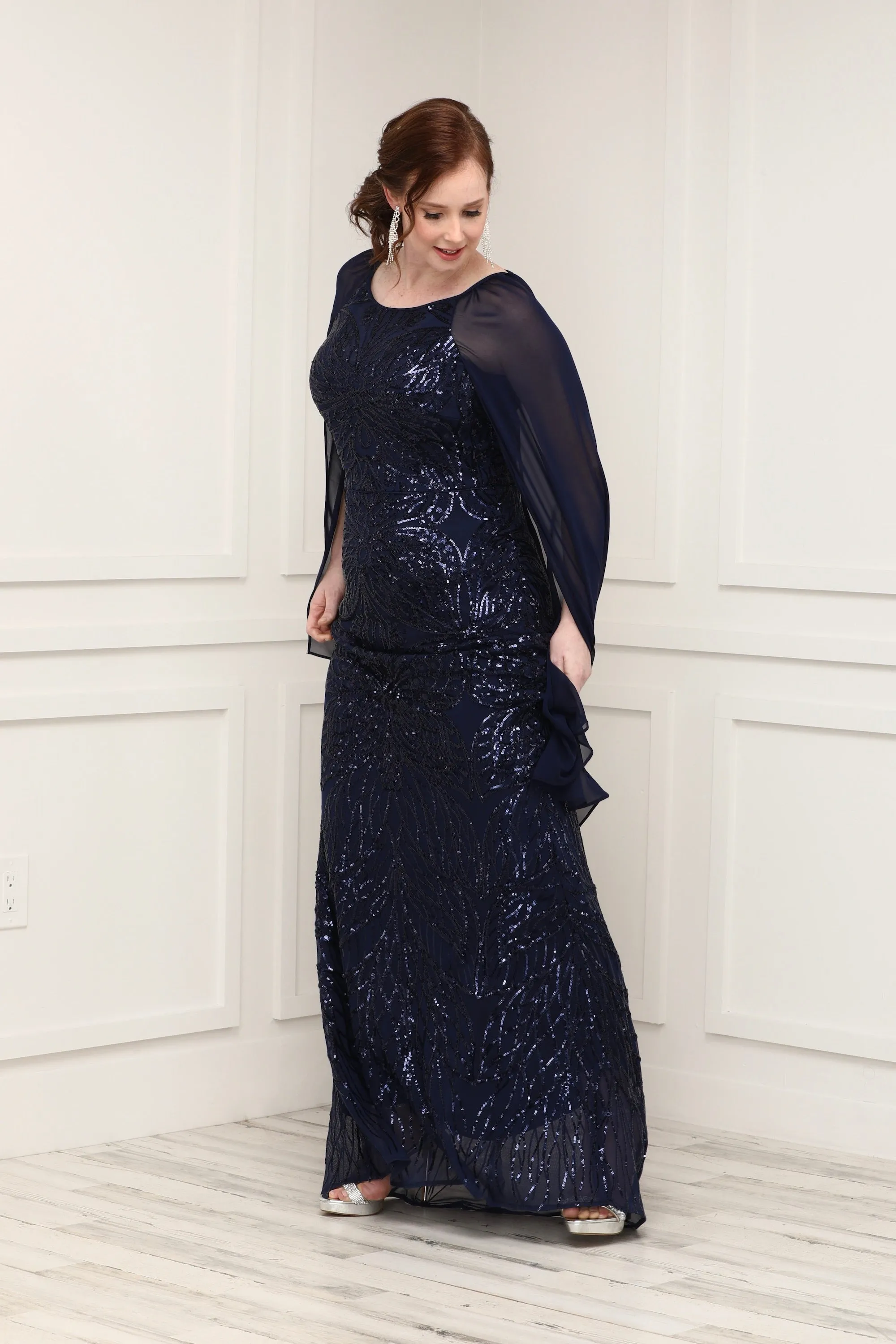 Navy Beaded Sequin Lace Cape Sleeve Evening Gown - Formal Gown